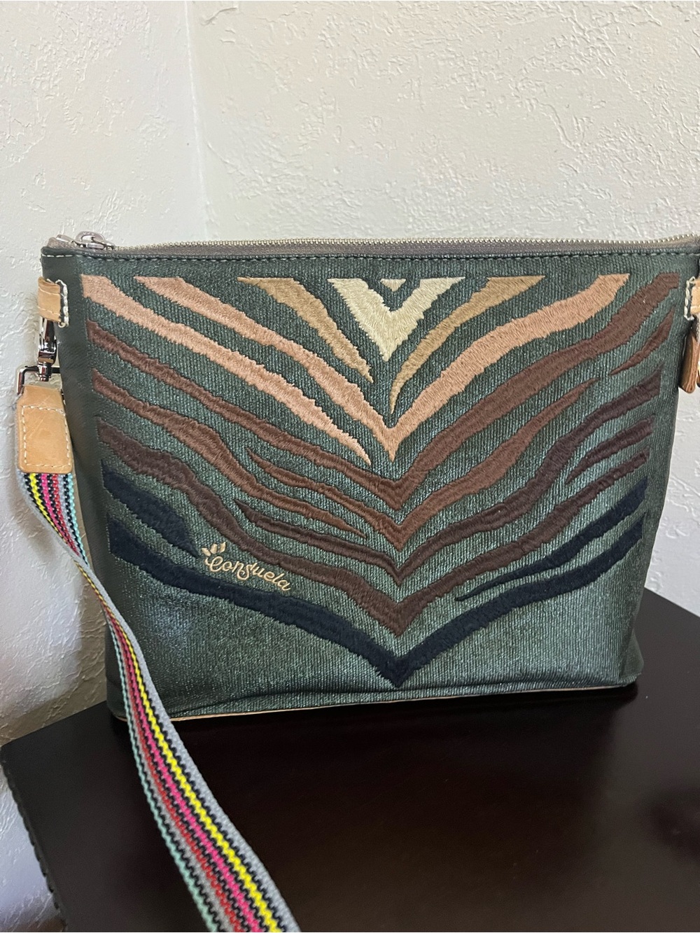 Consuela Olive Green Embroidered slash crossbody with Multicolor Strap